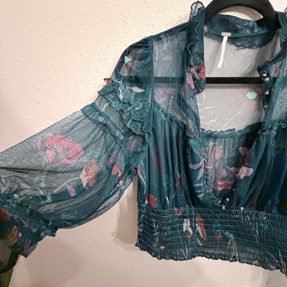 Free People Time For Shine Floral Mesh Whimsigoth Fairy Grunge Teal Green Large - Picture 2 of 11